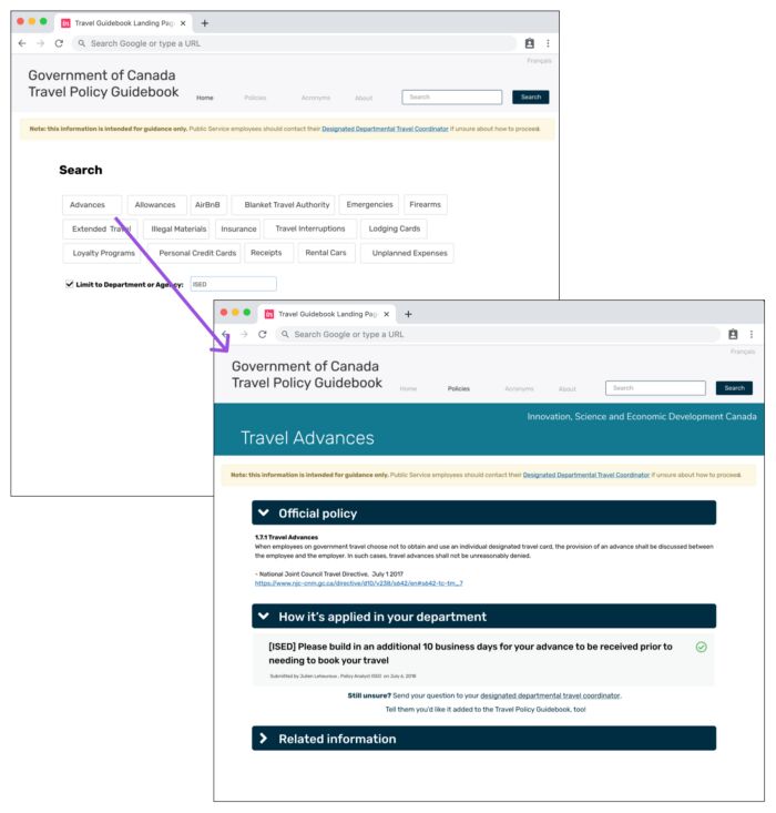 Selecting the “advances” tab on the front page brings the user of a page outlining the official policy, as well as how it’s implemented in their department or agency.