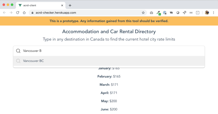 Typing the name of a city into a field on a website brings back the maximum daily allowable hotel rate