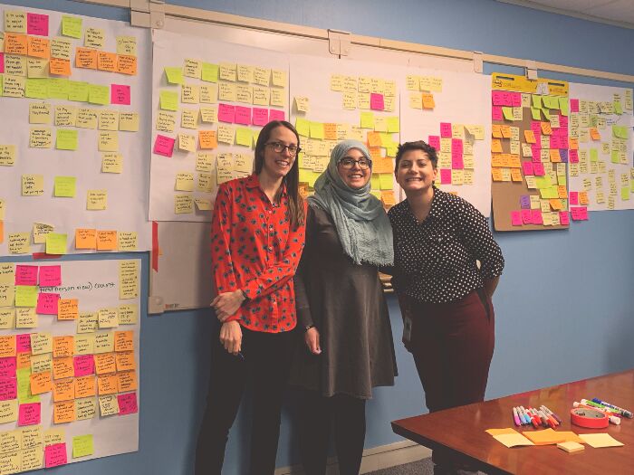 The Digital Drone Collective, hard at work sorting user interview data posted on sticky notes. From left: Jen, Fatima, Andee