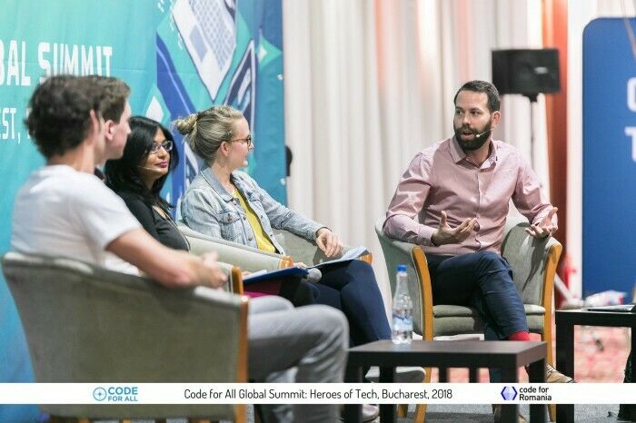 That’s me on the right! I had a great time chairing a panel about civic tech fellowships at the Code for All Summit, featuring Grace O’Hara from Code for Australia, Sheba Najmi of Code for Pakistan, Tom Dooner from Code for America, and Milo van der Linden of Code for the Netherlands. (Photo courtesy of Code for Romania)