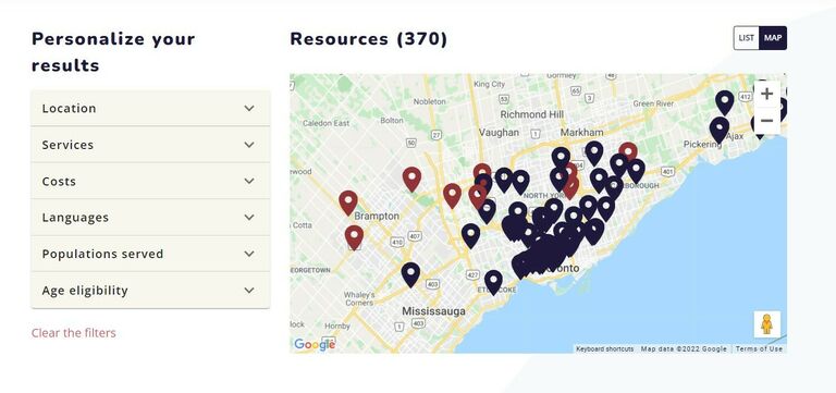 A screenshot of the ConnectMe platform showing filters and a map view